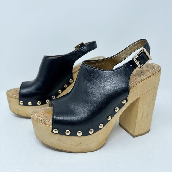 Sam Edelman Chunky Platform Sandals Womens 8.5M Black Leather Slingback Peep Toe - Picture 4 of 12